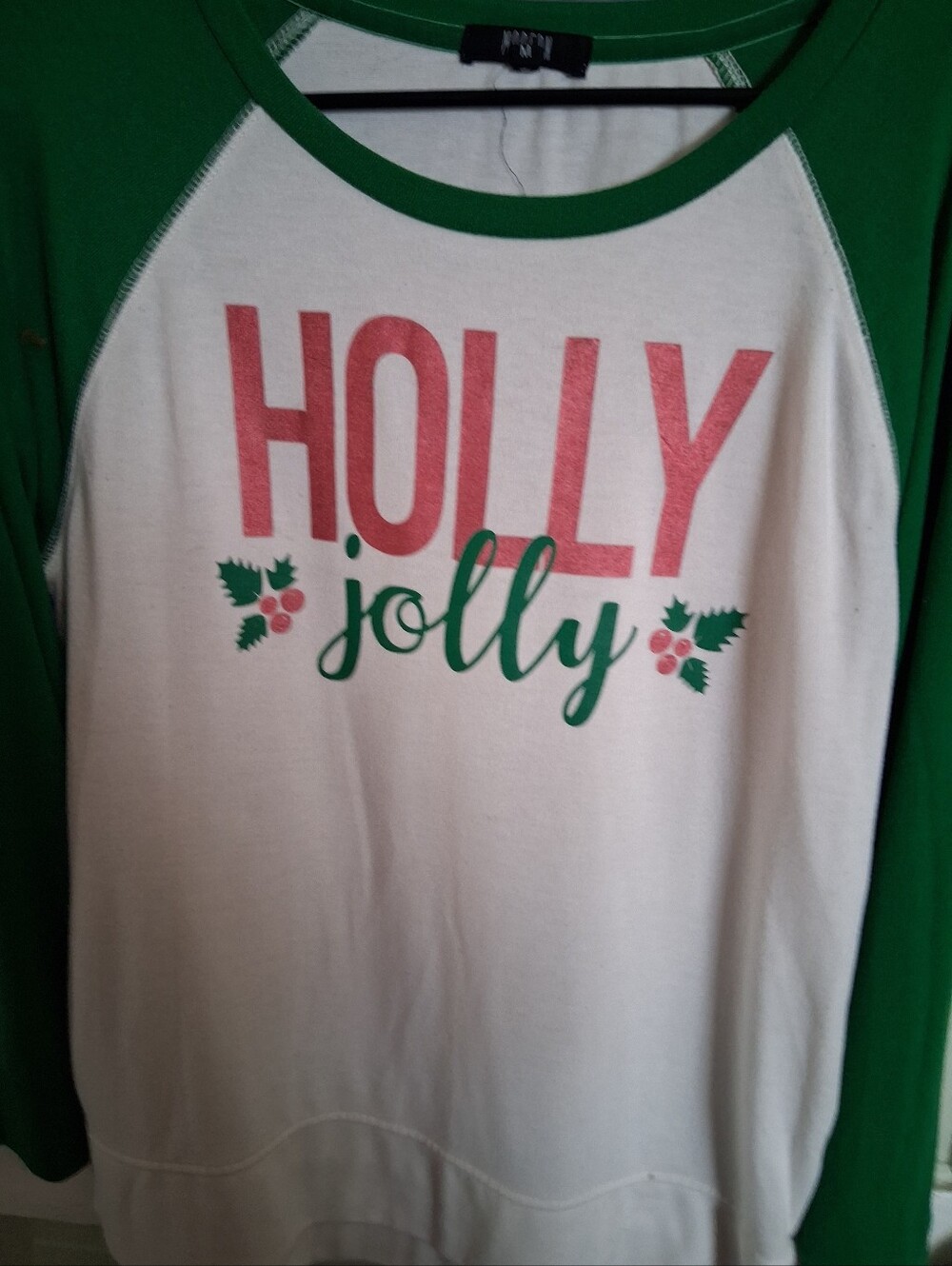 Womens  "Holly Jolly" Green & White Holiday Pajama Top